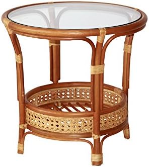 SunBear FurnitureNatural Rattan Wicker Pelangi Coffee Round Table with Glass Top Handmade, Cognac