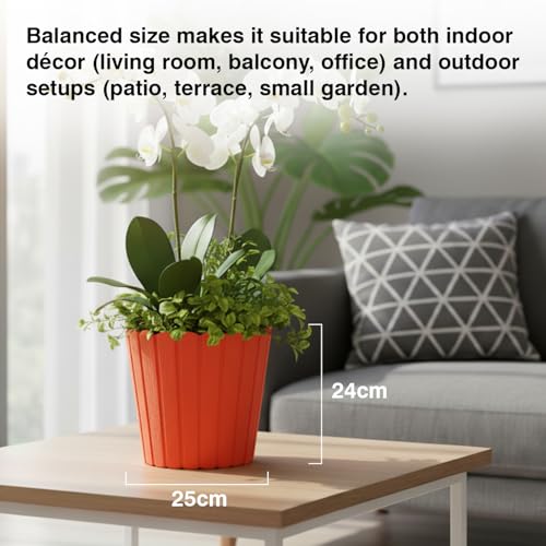 Image of GARDENS NEED 10 Inches Thai Round Flower Pot | Set of 2 | Orange | Plastic Planter Pots for Indoor & Outdoor Home, Office & Balcony Decoration