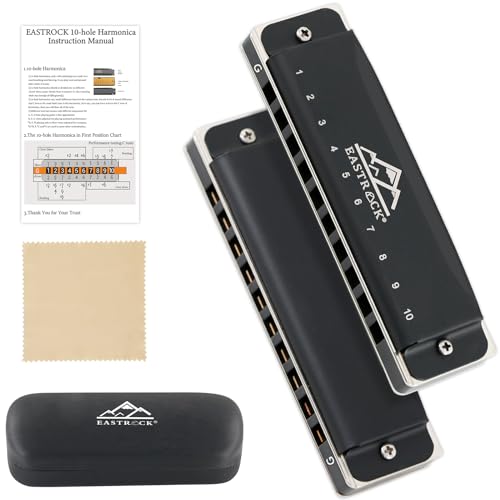 EastRock Harmonica, Blues Harmonica Mouth Organ 10 Hole G Key with Case, Diatonic Harmonica for Professional Player, Beginner, Students, Adult, Friends, Gifts（Matte Black Finish）