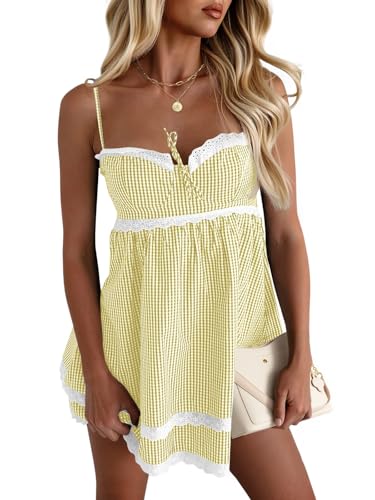 Image of Wenrine Womens Summer Mini Dress Spaghetti Strap Sweetheart Y2K Plaid Lace Trim Tiered Beach Sundress Dresses