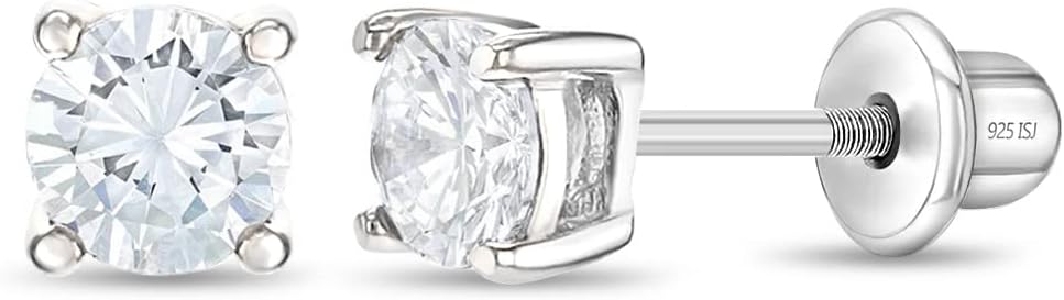In Season Jewelry CZ Solitaire Kids Earrings - 925 Sterling Silver Hypoallergenic Earrings for Girls with Secure Screw Backs - Safe & Comfortable for Kids & Little Girls