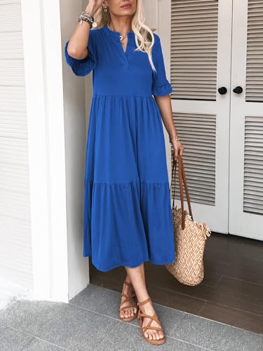 Image of Mieazom Short Sleeves Maxi Dress for Women A Line Summer Dress V Neck Casual Loose Tiered Long Dresses with Pockets