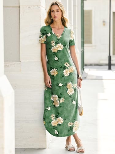 ANRABESS Women’s Summer Maxi Dress V Neck Short Sleeve Slit Side Shirt Dress Loose Fit Travel Beach Dress with Pockets Green Yellow Rose Floral Large — view 6