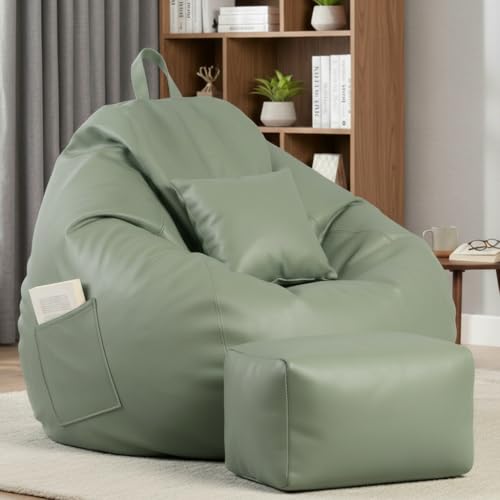 Image of KAM'S LIEU 5XL Luxury Faux Leather Bean Bag with Footrest & Cushion | Pre-Filled High-Density Polystyrene Beans | Premium Leatherette | 6 Months Warranty Color- (Sage Green, with Footrest)