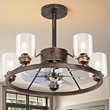 Wheel Ceiling Fans with Lights and Remote, 24' Modern Farmhouse Black Fans with Light,Rustic Fan Lights Ceiling Fixtures with 5 Glass Shade, Bronze Chandeliers Fan for Kitchen