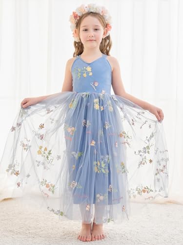 VEYOLOB Flower Girl Dress A-Line Floral Embroidered Tulle Boho Dresses for Wedding Garden Birthday Party 6M-14Y4