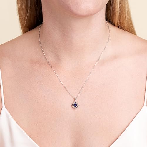MORGAN & PAIGE Lab-Created Blue Sapphire September Birthstone Pendant Love Knot Necklace Featuring Rhodium-Plated Sterling Silver with Faceted Cable Chain, Love Knot Necklace, Birthstone Necklaces for Women