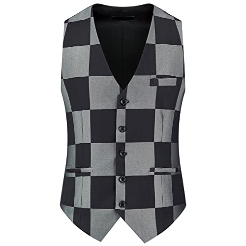 Mens Plaid Suit Slim Fit 3 Pieces Checked Suits For Men Single Breasted One Button Suit Tuxedo Set Blazer Pants & Vest Silver #TOP3