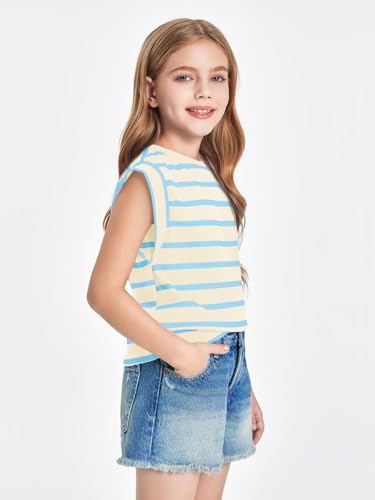 Image of Haloumoning Girls Cap Sleeve T Shirts Summer Striped Tank Tops Tees 4-14 Years