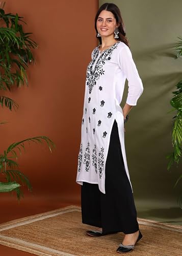 Image of Women Pink Ethnic motifs Embroidered Lucknowi Chikankari Long Kurti