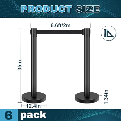 Burvagy Crowd Control Stanchion,6-Pack Crowd Control Barrier With 6.6Ft/2 M Black Retractable Belt,Black Crowd Control Barrier Metal Base,Easy Assembly thumb #1