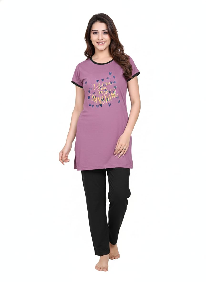 nxtwin Women’s Nightwear Set | Short Sleeve Long Top with Pajama | Comfortable Cotton Lounge Wear for Women-picture-21
