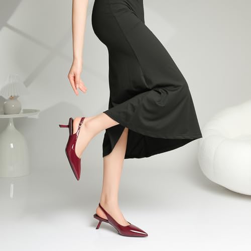 Image of Mostrin Kitten Heels for Women Pointed Toe Pumps Patent Leather Low Heel Slingback Heels with Buckle Dress Shoes for Dating Party Working