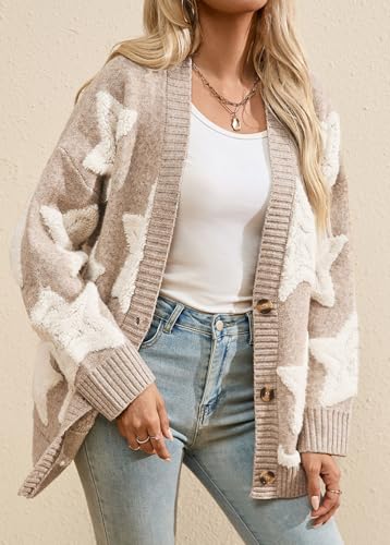 CHARTOU Women Sherpa Star Open Front Cardigan Sweaters Fall Winter Jumper Cute Top Button Down Knit Coat3