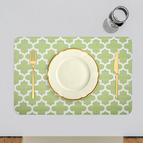 Image of Kuber Industries Placemat | Placemats for Dining Room | Anti-Slip Table Mat Set | Placemats for Kitchen Table | Dining Table Placemats | Hexagon-Design Placemat | 6 Piece Set | Green