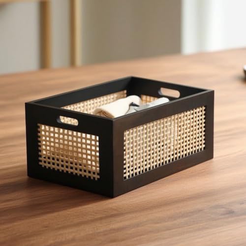 Panier en bambou tressé avec poignées intégrées de grand format noir - 5