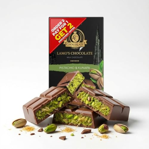LAMO’S – Chocolate de Dubái con Pistacho (37%) y Kunafa Crujiente 200 g | Chocolate con Leche Suizo | Elaborado artesanalmente en Dubái | Dubai Signature | Regalo Gourmet (200G)