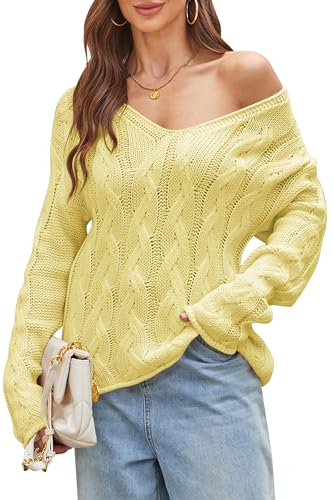 Image of Cakulo Womens Oversized V Neck Off The Shoulder Sweaters Cable Knit Pullover Fall Sweater 2025