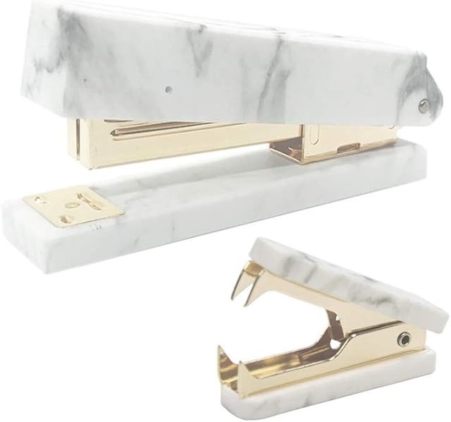 MEI YI TIAN Office Stapler Set, Marble Print & Gold, Elegant & Luxurious, Manual Stapler & Staple Remover Tool for Desktop Accessories Supplies