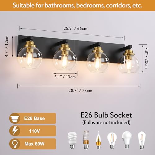 Image of LmnLvn Bathroom Light Fixtures, Farmhouse Black & Gold Metal with Globe