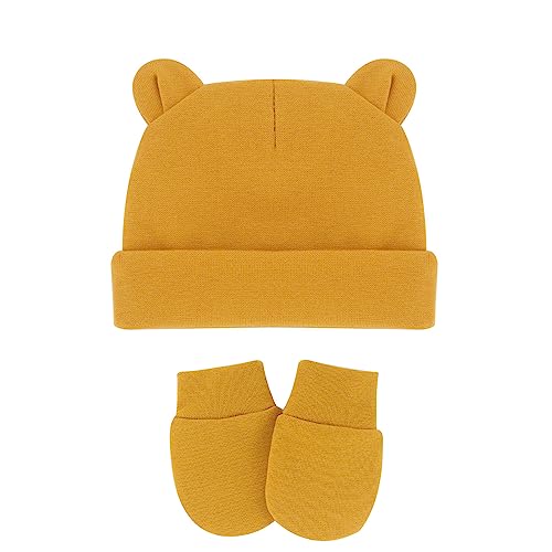 UTTPLL Newborn-Mittens-Hospital-Beanie-Scratch Gloves Set Toddler Bear Infant Caps Baby Girls Boys Cotton Nursery Beanies Autumn Winter A Ginger Yellow 0-6 Months