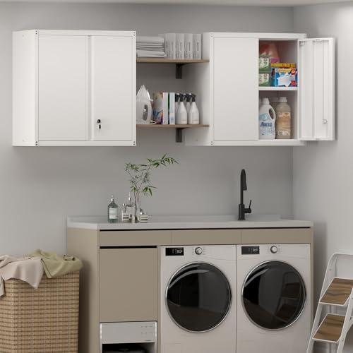 Image of Metal Wall Cabinet, Steel Locking Cabinet for Office, Home Office Cabinets with Doors and Shelves, Garage Cabinets for Utility Room, Laundry Room