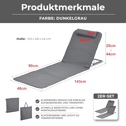 [en.casa] Strandmatte Donostia 2er Set Sonnenmatte klappbar Dunkelgrau Strandliege mit Verstellbarer Rückenlehne Liegematte mit Tragetasche 143 x 48 cm