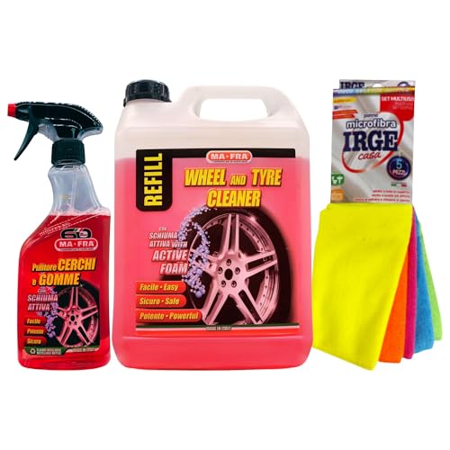 SET PULITORE CERCHI E GOMME Con Schiuma Attiva. Deterge e Sgrassa Gli Pneumatici Delle Auto: Tanica 4500ml + Trigger 500ml + Confezione Da 5 Panni In Microfibra, Formato 30x35cm