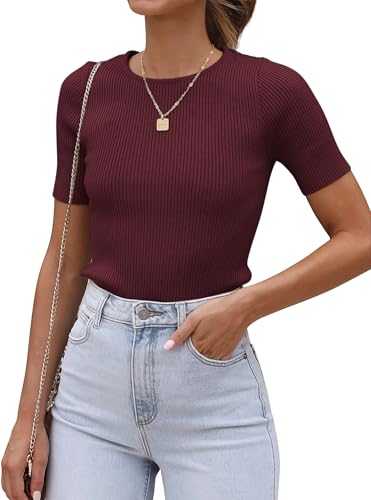 ATHMILE Womens Fall Fashion 2025 Short Sleeve Ribbed Knit T Shirt Casual Crewneck Tops Slim Fit...