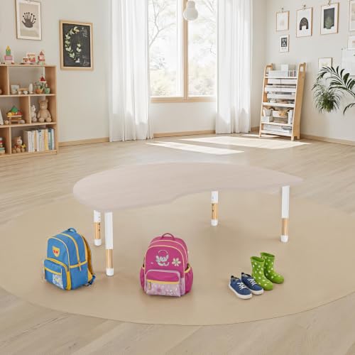 Image of 48 inch x 72 inch Kidney Kids Classroom Table with Adjustable Chunky Wood Legs