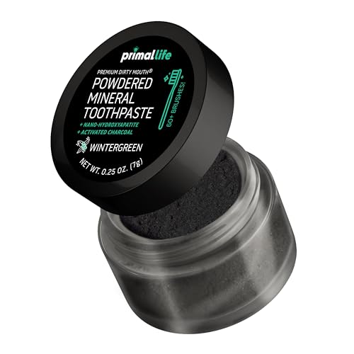 Image of Primal Life Organics - Dirty Mouth Toothpowder, Activated Charcoal Tooth Cleaning Powder, Essential Oils Natural Kaolin Bentonite Clay, 60+ Brushings, Organic Vegan (Charcoal Wintergreen, 0.25 oz)