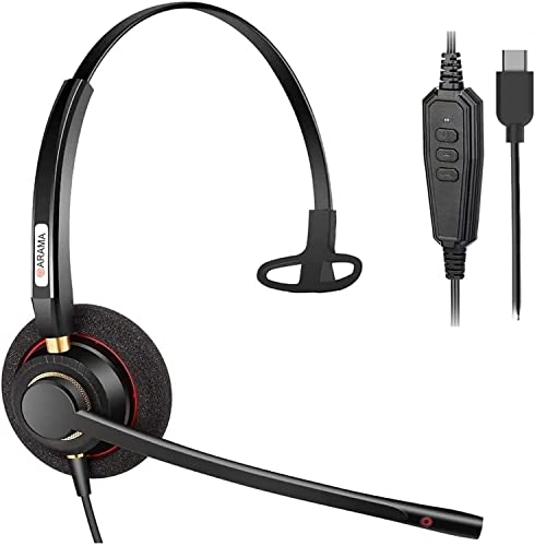 Arama USB C Headset with Microphone for Laptop, Noise Cancelling Mic & Audio Controls, USB Type C Headphones for Smartphone, Tablet, Laptop, Works with Skype Teams, Zoom, Business Office