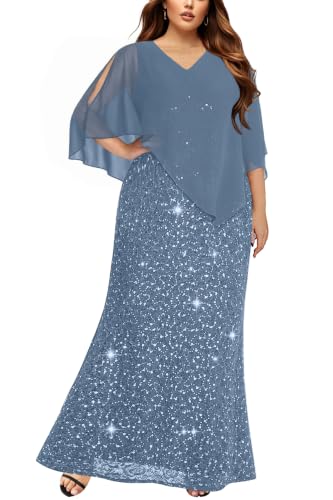Pinup Fashion Plus Size Dusty Blue Formal Evening Gown Sequin Mermaid Dress
