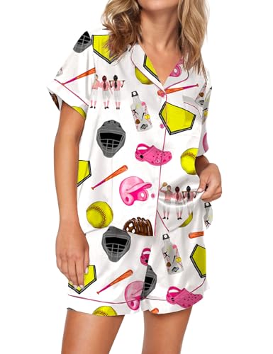 Image of SHESHOW Pajamas for Women Set Satin Button Down Short Sleeve Top and Shorts Pjs Sets Sport Ball Print Sleepwear XS-XXL