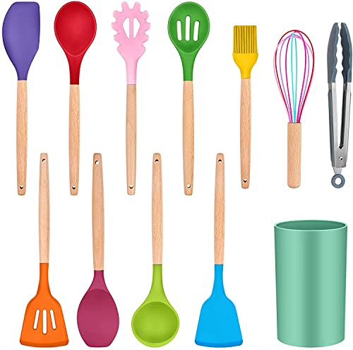 Image of Silicone Cooking Utensil Kitchen Utensils Set 12 Pcs, Cooking Tools for Nonstick Cookware Heat Resistant, BPA Free Silicon Spatula Utensil Sets, with Wooden Handle - Multi Colour