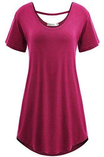 Meaneor Women's Cross Back Basic Short Sleeve Comfy Loose Fit Long Tunic Top Rose Red XL