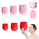 Makeup Brush Holder, Rose Shape Silicone Travel Makeup Brush Organizer Storage Covers Protector Guards Cap Reusable Dustproof, With Makeup Brush Cleaners Palette Mat Tray, 7 Pieces (Red+purple)