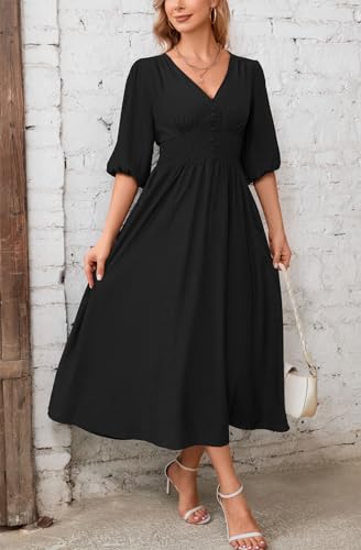 Image of Kormei Women Casual Boho V Neck 3 /4 Sleeve Smocked Waist A Line Flowy Swing Midi Dress Smocked Long Dress