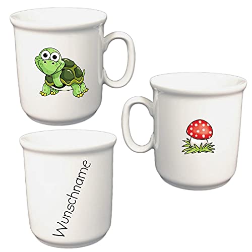 Kindergeschirr personalisiert - Frühstücksservice 3-tlg. Porzellan Teller Becher Schale personalisierbar mit Wunschname Name Frühstücksset mit Namen personalisiert (Schildkröte)