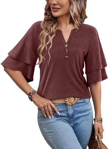 MixShe Tops for Women Split V Neck Button Ruffle Sleeve Casual Summer Lightweight Blouses Redwood Large