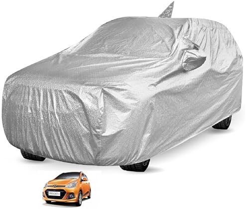 Image of Auto Hub Waterproof Car Cover Compatible with Hyundai Grand i10 with Mirror Pocket, Soft Cotton Lining, Waterproof Grand i10 Car Cover- Metallic Silver