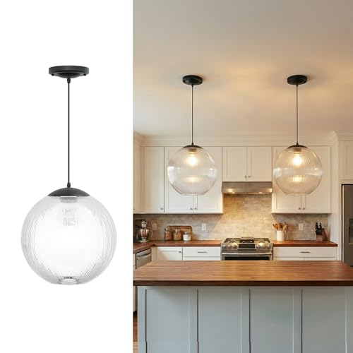 Image of KASTLITE 12 inch Acrylic Globe Pendant Light Fixture, 8W 3000K Filament LED Bulb, Ceiling Mount - Kitchen Pendant Lighting Over Island, Hanging Dining Light, Living Room Lamp - Prismatic, Black Base