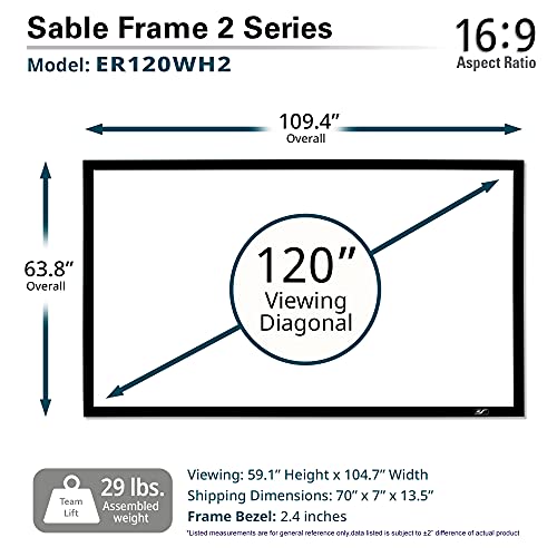 Elite Screens Sable Frame 2 Series, 120-Inch Diagonal 16:9, Active 3D 4K Ultra Hd Ready Fixed Frame Home Theater Movie Office Presentations Indoor Front Projection Projector Screen, Er120Wh2, Black #TOP4