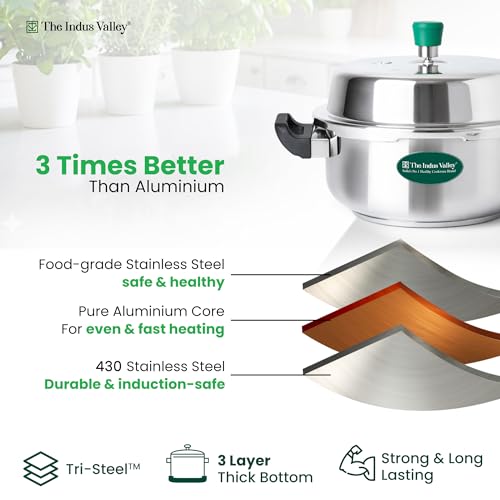 Image of The Indus Valley Stainless Steel Pressure Cooker 5Litres / Pressure Pan (Outer Lid) | Induction Friendly | Gas Compatible | Can Be Used as Frying Pan | ISI Certified | 3 Years Warranty