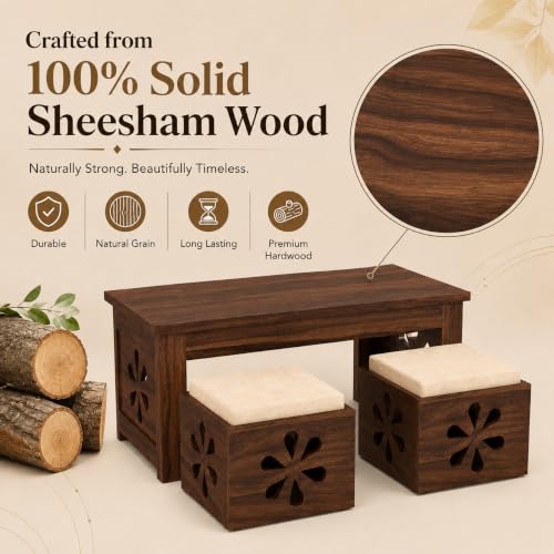Image of Solid Sheesham Wooden Coffee Table With 2 Cushioned Stool|Teapoy Center Piece for Home Sofa Center Table for Living /Drawing Room,Hall|Space Saving Tea Table Set(Walnut Finish)Floral Jali
