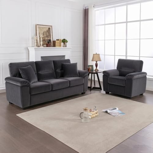 Image of Anderson Dark Grey Fabric Sofa Set 4 Seater (3+1), Premium Velvet Finish Upholstery, Solid Frame, High Density Foam Cushions, Modern Living Room Sofa, (Dark Grey Fabric, 3+1 Seater)