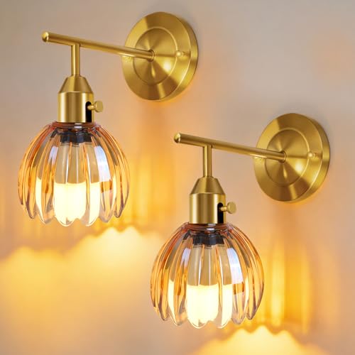 Image of Vintage Gold Wall Sconces Set of 2 with Cute Amber Tulip Glass Lampshade, Hardwired and Wireless Wall Mounted Light Fixtures (2 Usage Methods) with Switch for Bedside Bedroom Living Room Wall Decor