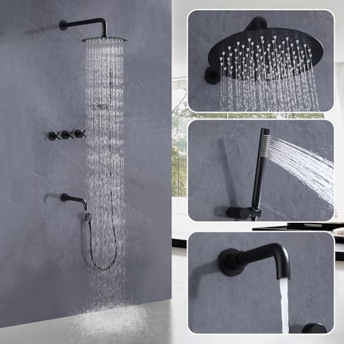 Sistema de ducha RBROHANT negro mate con grifo para bañera, juego de grifería para bañera y ducha de latón con válvula de tres vías, cabeza de ducha redonda de 10 pulgadas con grifo para bañera y ducha manual, modelo JK0300 miniatura 3