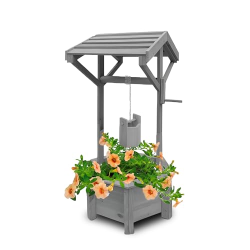 BONAFIDE Wooden Wishing Well Planter with Hanging Bucket, Flowers Shrubs Plants, Heavy Duty Garden Ornamental Flower Pot, Wooden Ornamental Garden Plant/Flower (GREY)