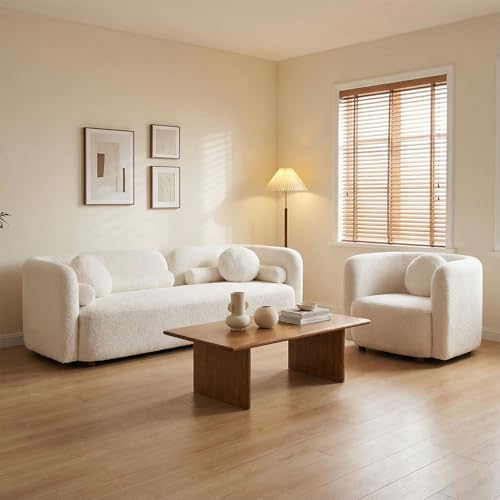 Image of Curved Sofa Set for Living Room, 3-Seater Upholstered Boucle Fabric Modern Sofa Set of 2 Piece Couch Set Rectangular Sofa with Oversized Single Sofa Chair Modern Sofa Set Home Bedroom Office White